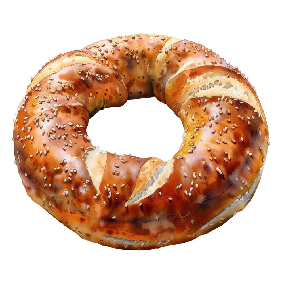 vattenfärg enkel bakad pretzel bakverk bulle med sesam utsäde för bröd bageri illustration. ai-genererad png
