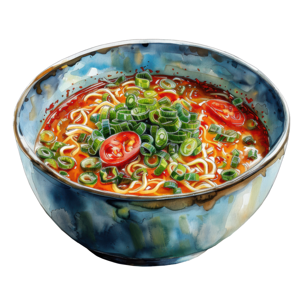 Watercolor spicy instant ramen noodle with tomato in ceramic bowl clip art element illustration. Ai-generated png
