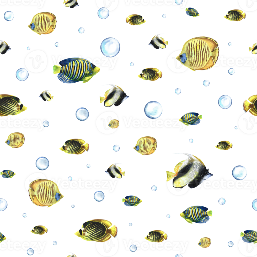 Seamless pattern with sea coral fish. Watercolor hand drawn. The concept of labels, packaging, textiles. png