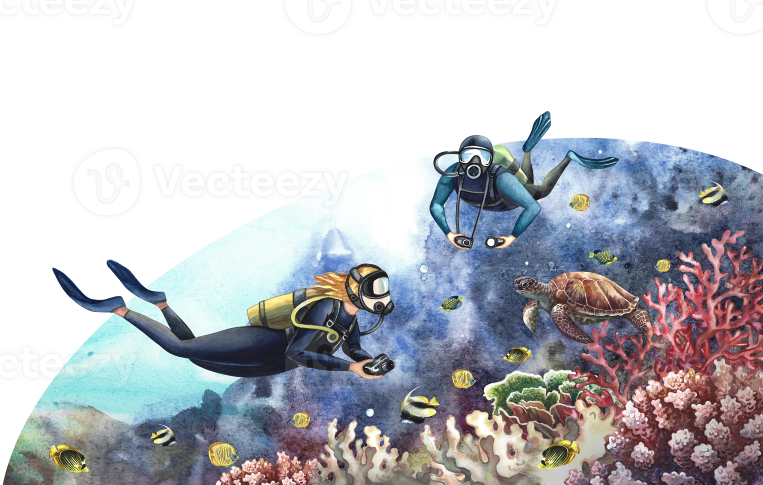 Divers swim underwater. Underwater travel. Watercolor hand drawn. Against the backdrop of an underwater seascape. png