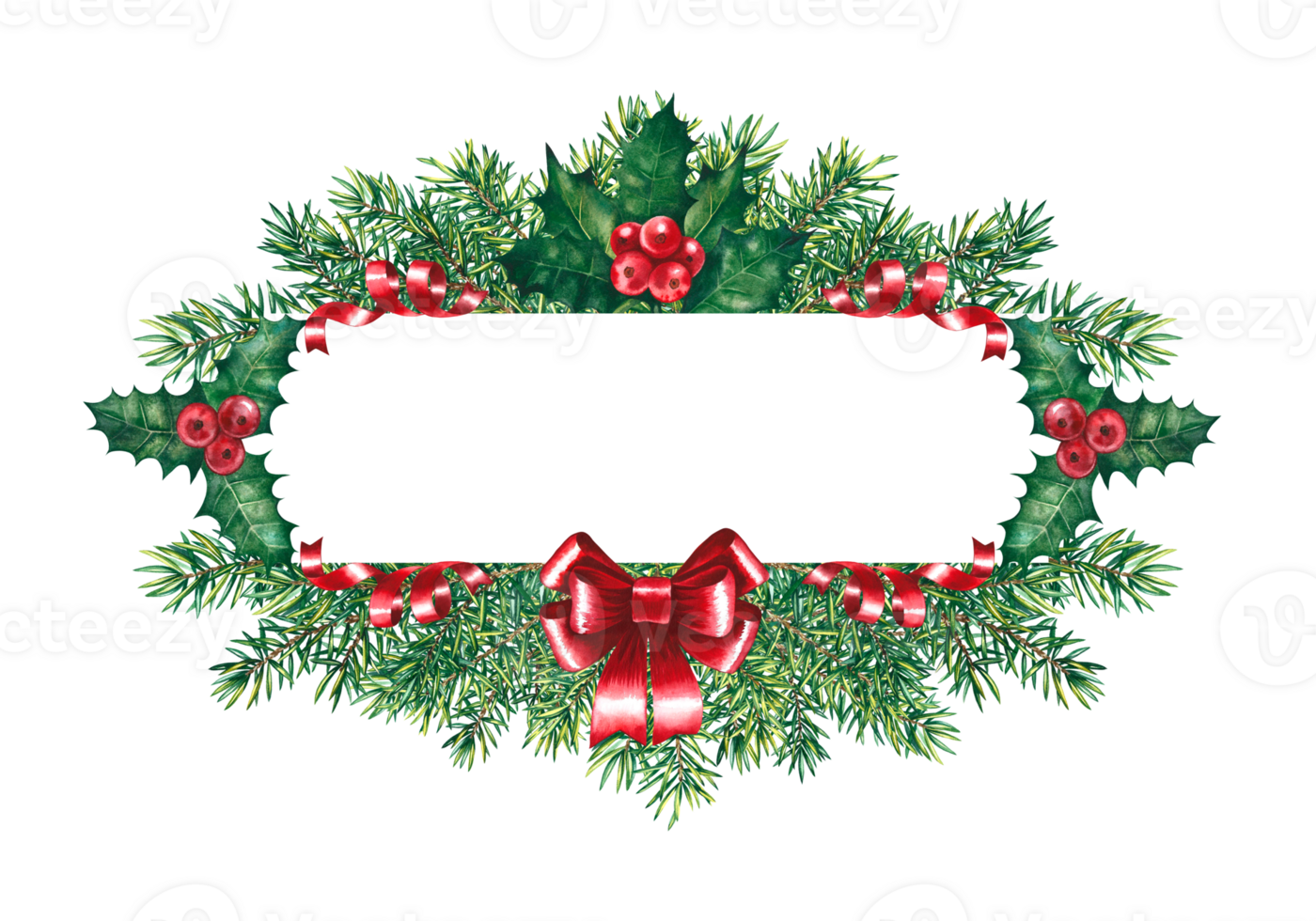 Festive Christmas card frame for the inscription. With Christmas tree and holiday decorations. Watercolor illustration. png
