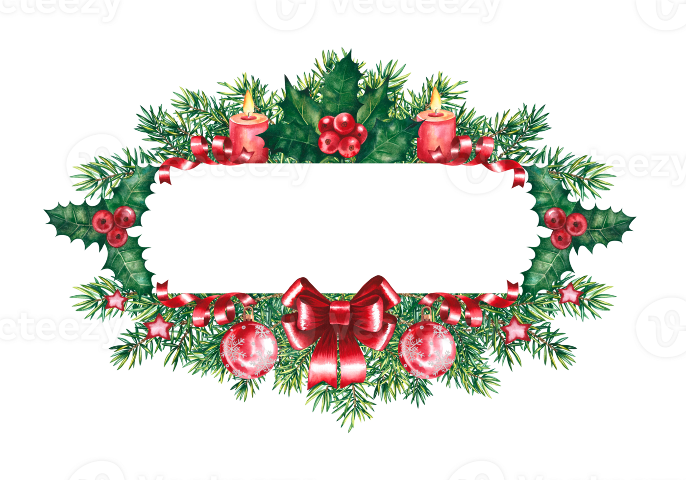 Festive Christmas card frame for the inscription. With Christmas tree and holiday decorations. Watercolor illustration. png