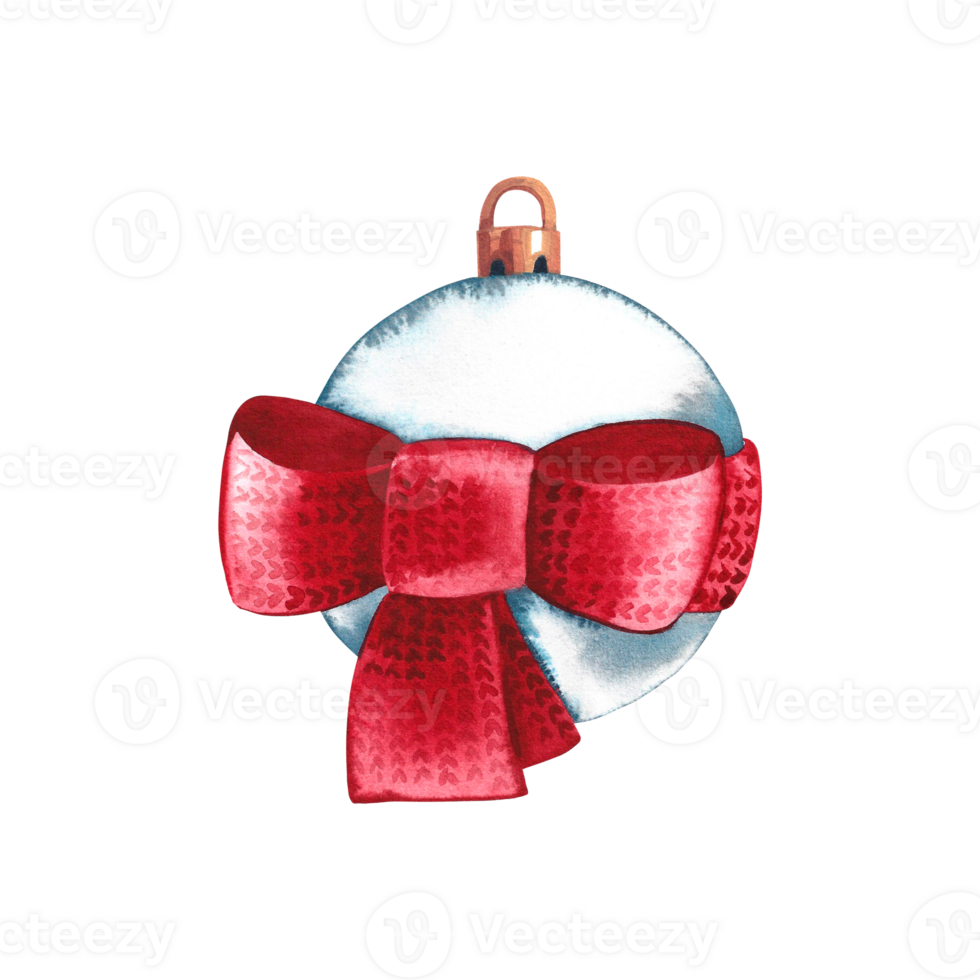 Christmas ball with red bow. Watercolor illustration. Isolate. Merry Christmas and Happy New Year. Watercolor png