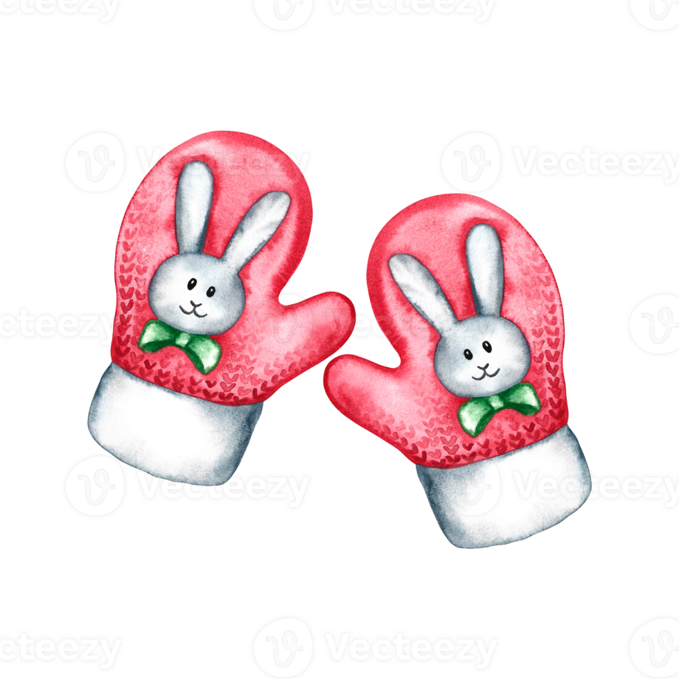 Christmas mittens with a muzzle of a rabbit. Merry Christmas and Happy New Year. Watercolor illustration. png