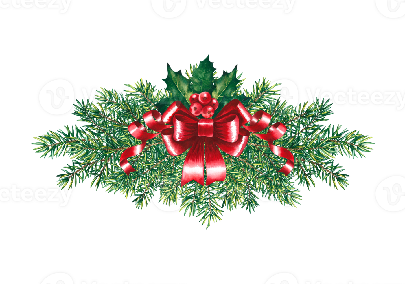 Branches of the Christmas tree. Decorated with a red bow and holly. For the design of greeting and invitation cards png
