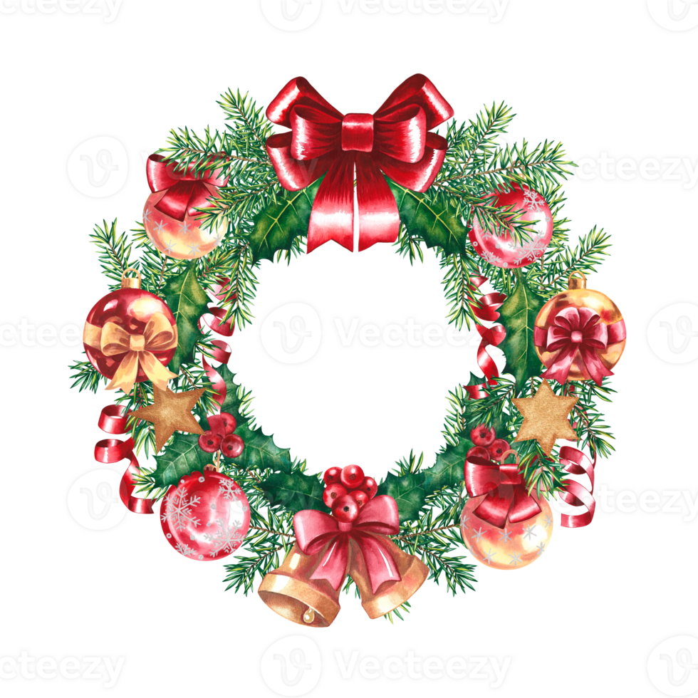 Christmas wreath with ribbons, baubles, bow and holiday decorations, watercolor. For packaging, printing and stickers. png