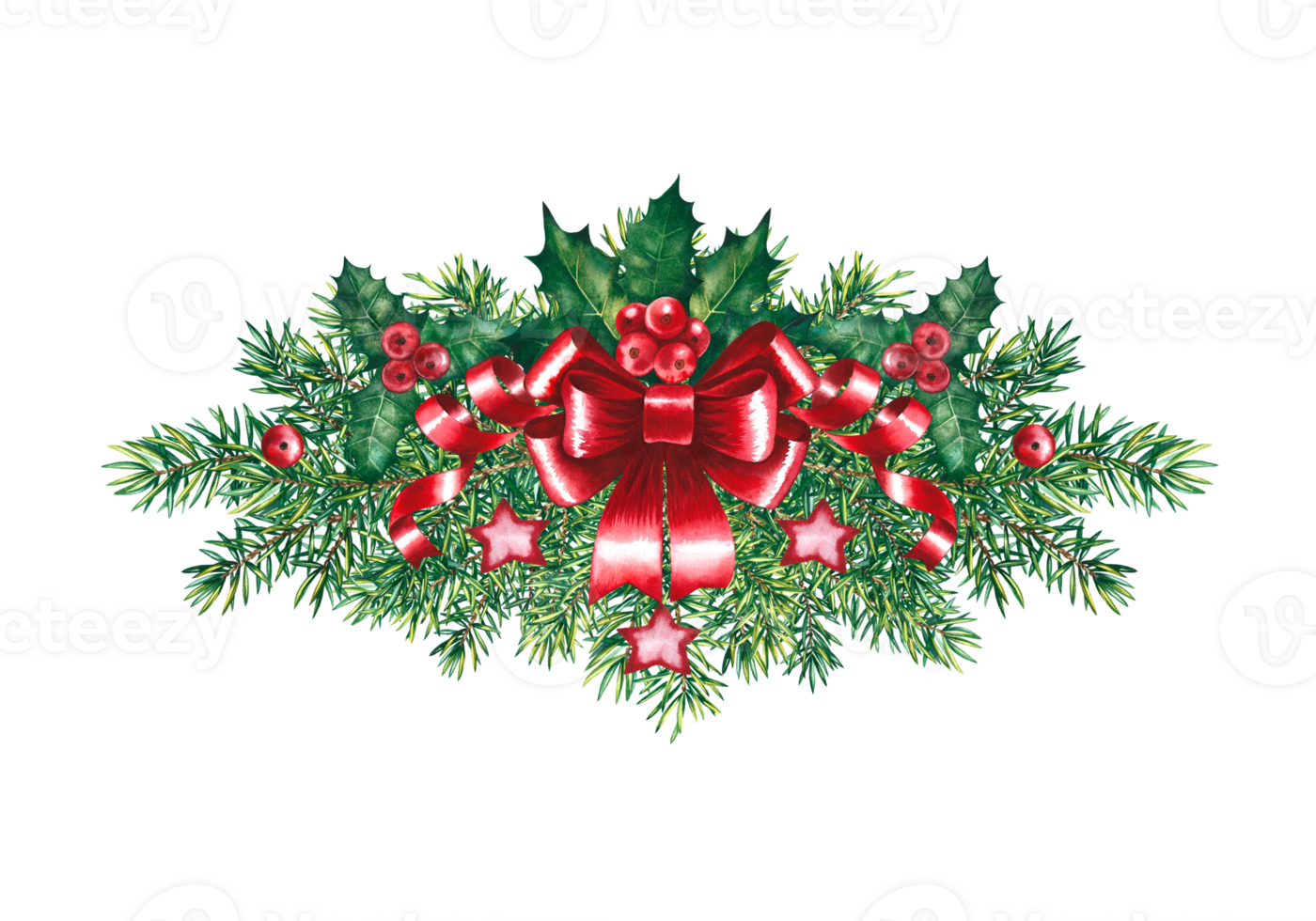 Branches of the Christmas tree. Decorated with a red bow and holly. For the design of greeting and invitation cards png