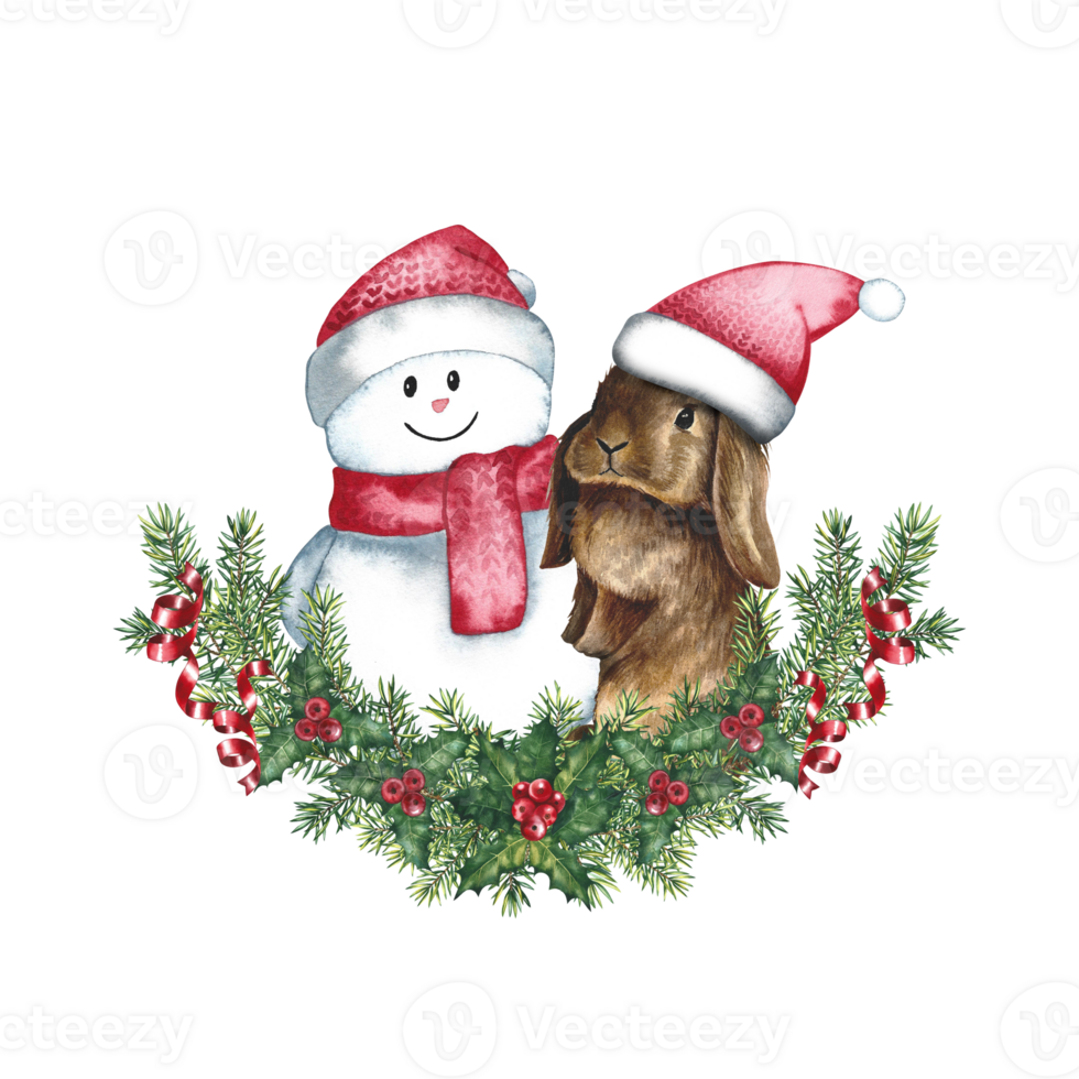 Rabbit in a Santa Claus hat on Christmas tree branches with a snowman. Watercolor illustration. For invitation cards. png
