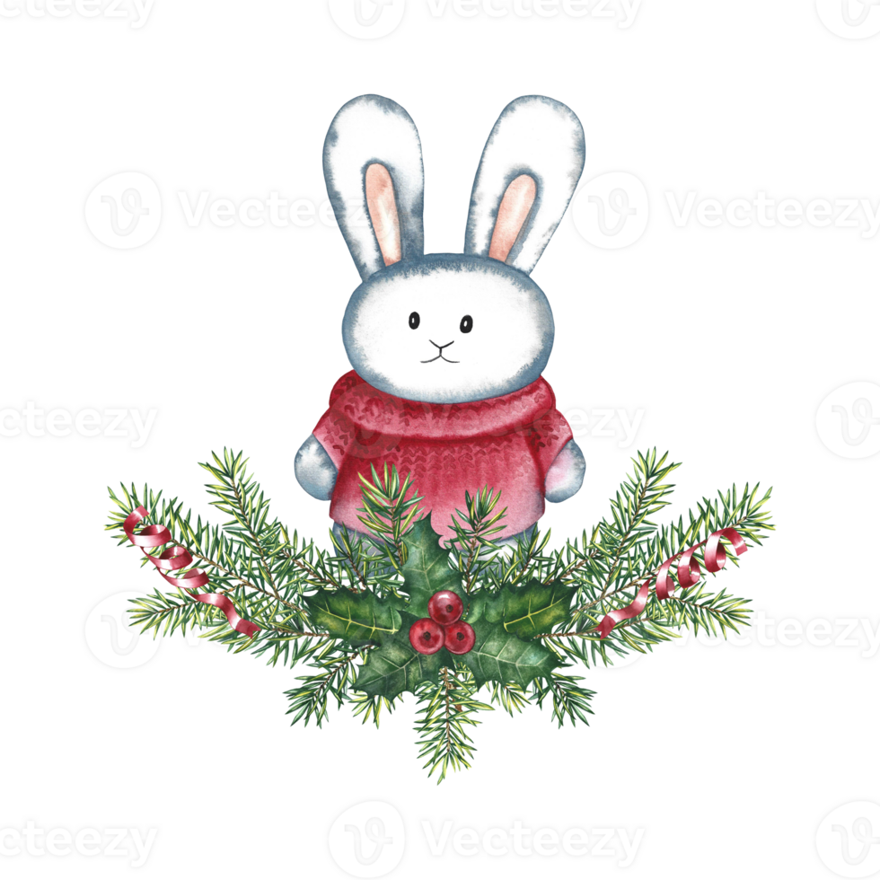 Christmas composition with a rabbit. Watercolor illustration. White rabbit in a New Year's sweater. png