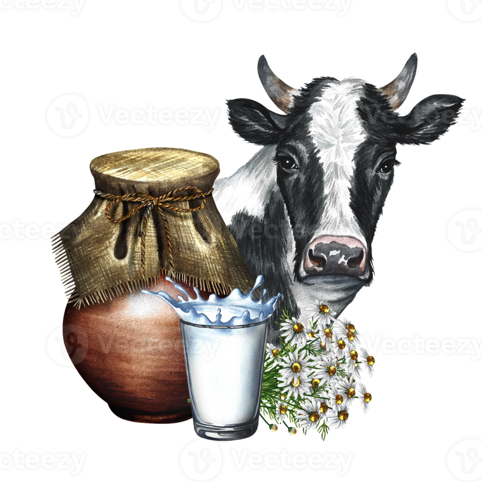 An earthenware jug and a glass of milk. Composition with milk and cow's nose. A hand-drawn watercolor illustration. For advertising banners, flyers about milk, packaging with labels of dairy products. png