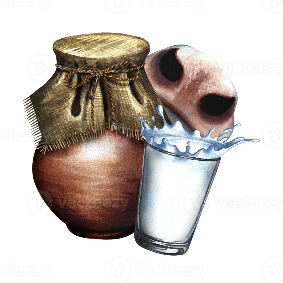 An earthenware jug and a glass of milk. Composition with milk and cow's nose. A hand-drawn watercolor illustration. For advertising banners, flyers about milk, packaging with labels of dairy products. png