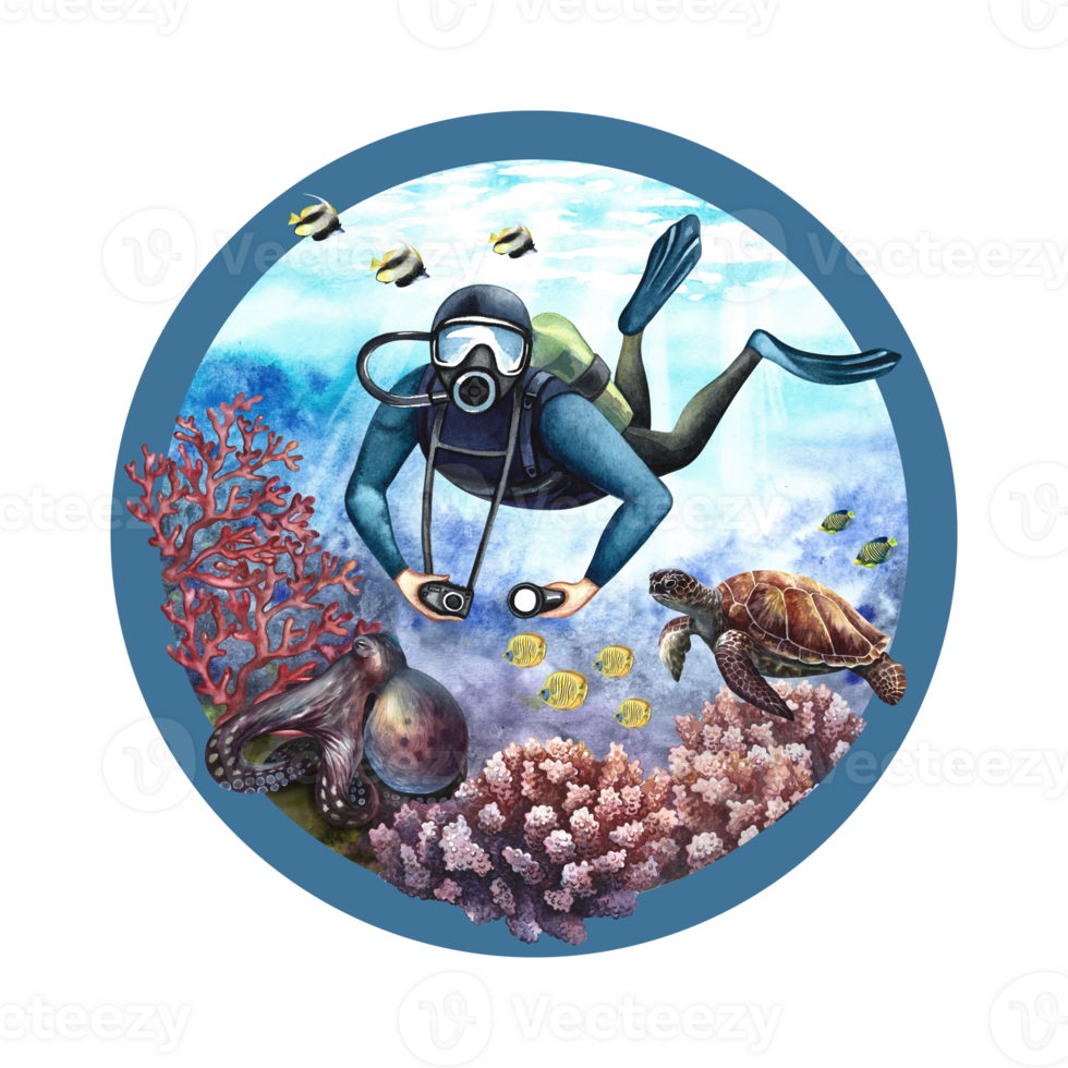 The diver swims underwater at the bottom of the sea. Underwater travel. Watercolor hand drawn. Concept for label, magnet png