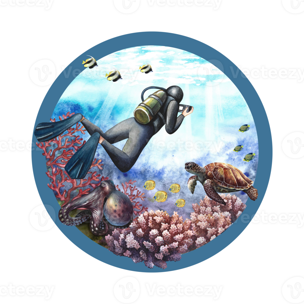 The diver swims underwater at the bottom of the sea. Underwater travel. Watercolor hand drawn. Concept for label, magnet png