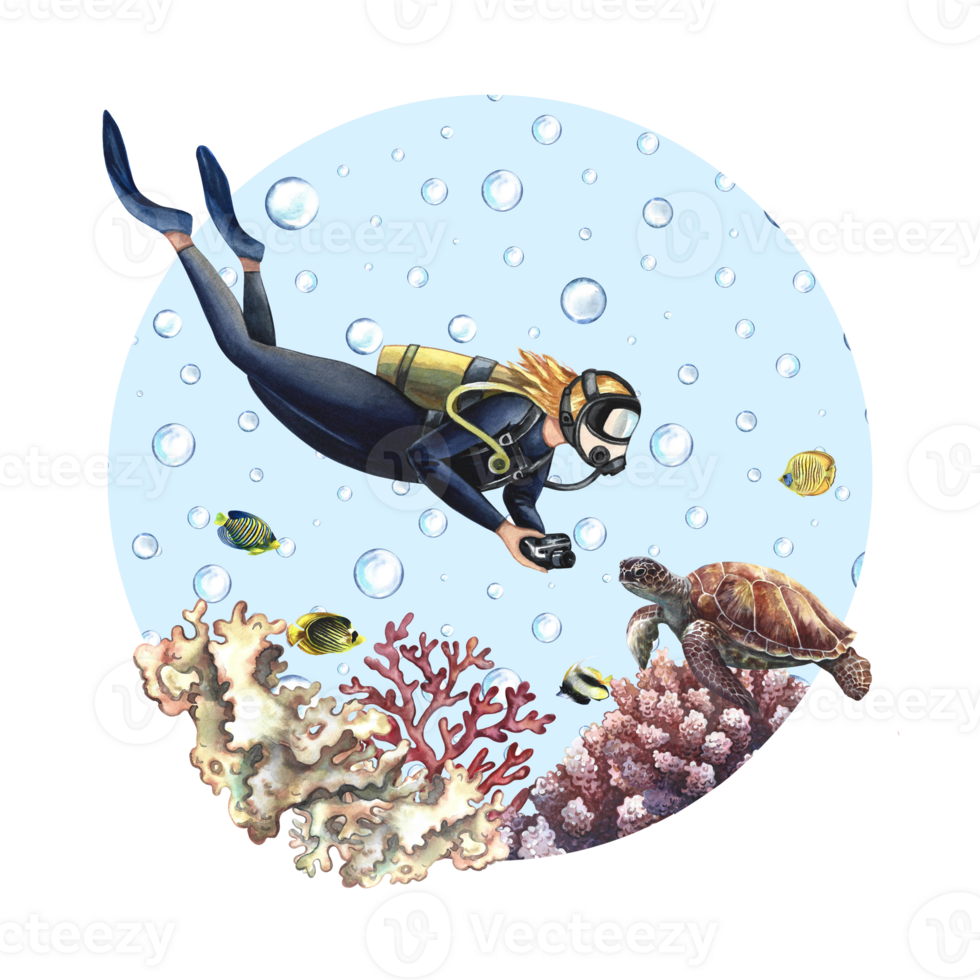 Girl diver swims underwater. Underwater travel. Watercolor hand drawn. Concept for label, magnet, business card png
