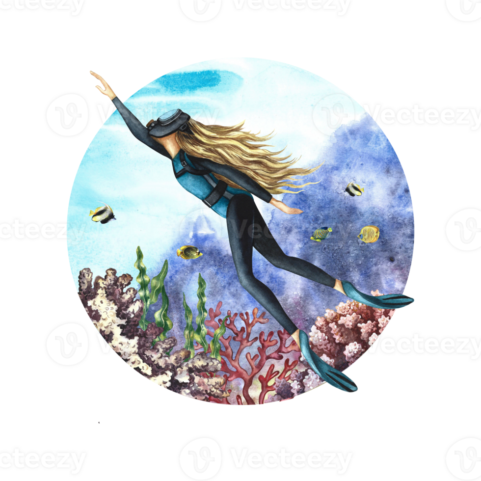 Girl diver swims underwater. Underwater travel. Watercolor hand drawn. Concept for label, magnet, business card png