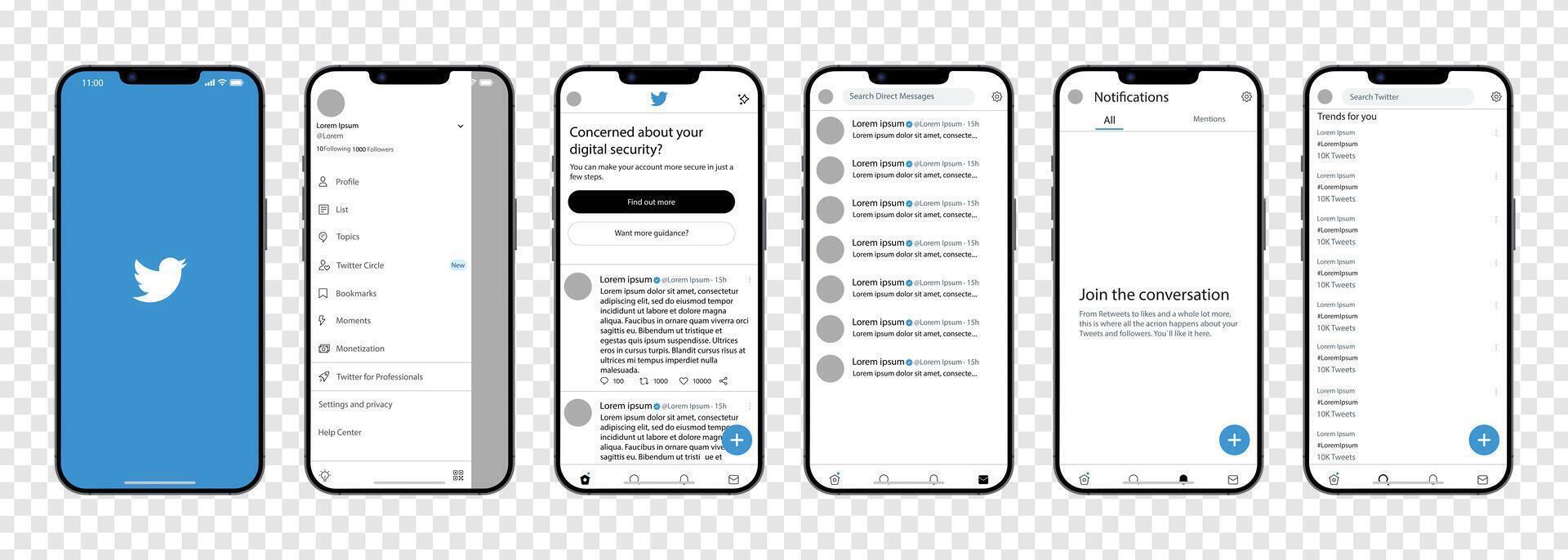 Twitter mobile interface. Twitter screen social media, social network interface template. Homepage, logo, bird. notofications, search, trends. Template of iphone 14. Gradient background. Editorial vector