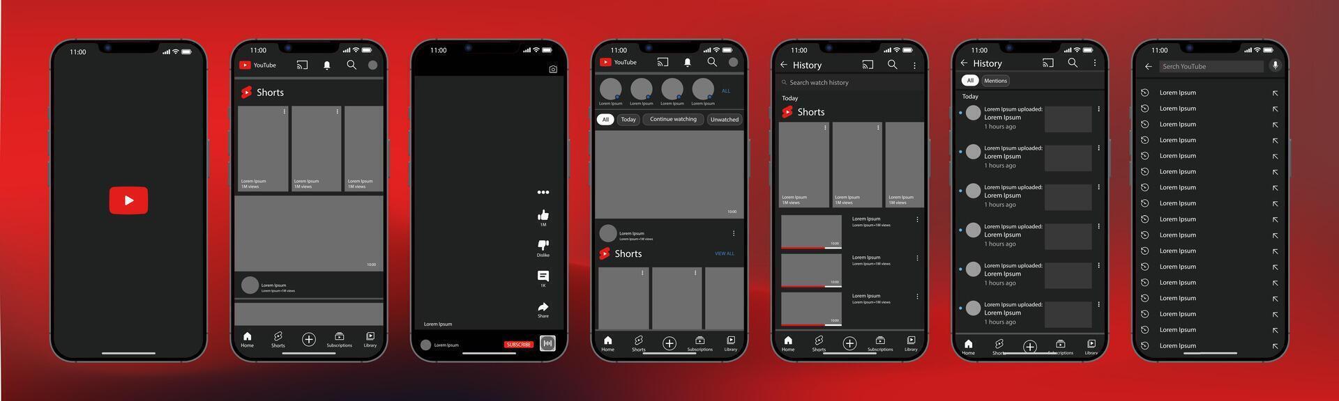 YouTube interface. You Tube screen social media, social network interface template. Homepage, youtube, recommendations, subscription, profile. Template of iphone 14. Editorial vector