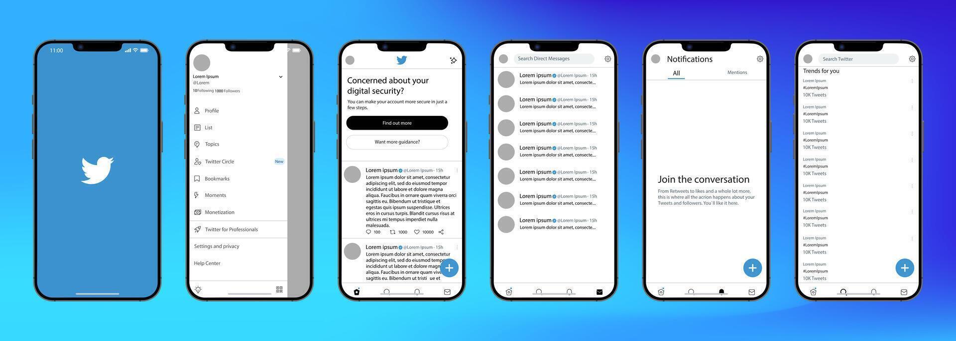 Twitter mobile interface. Twitter screen social media, social network interface template. Homepage, logo, bird. notofications, search, trends. Template of iphone 14. Gradient background. Editorial vector