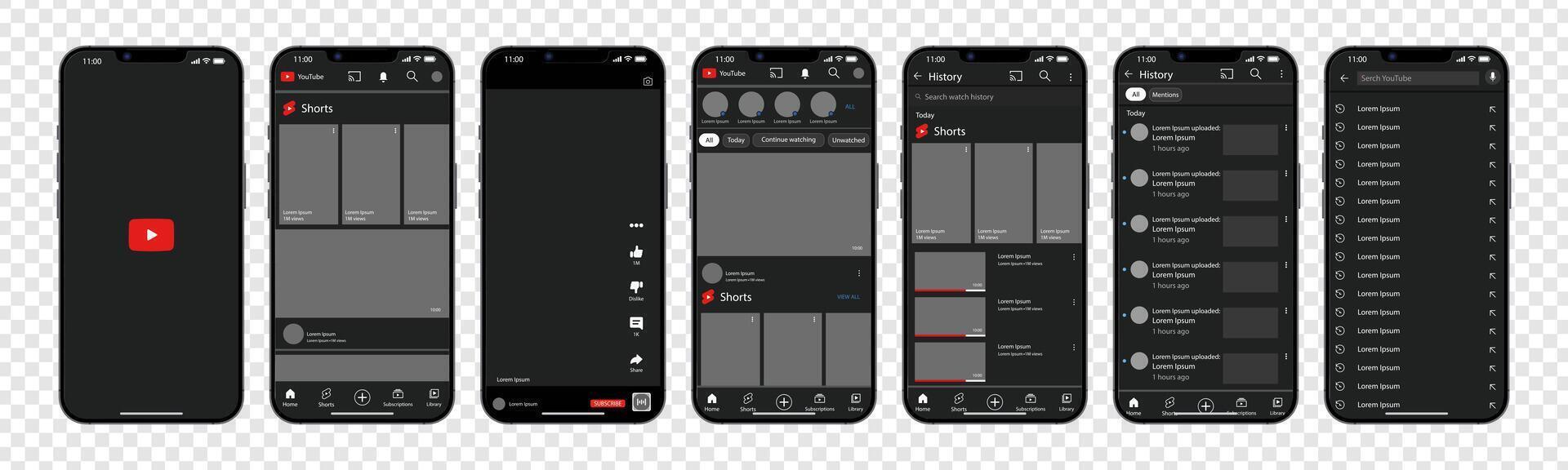 YouTube interface in Iphone. You Tube screen social media, social network interface template. Homepage, youtube, recommendations, subscription, profile. Template of iphone 14. Editorial vector