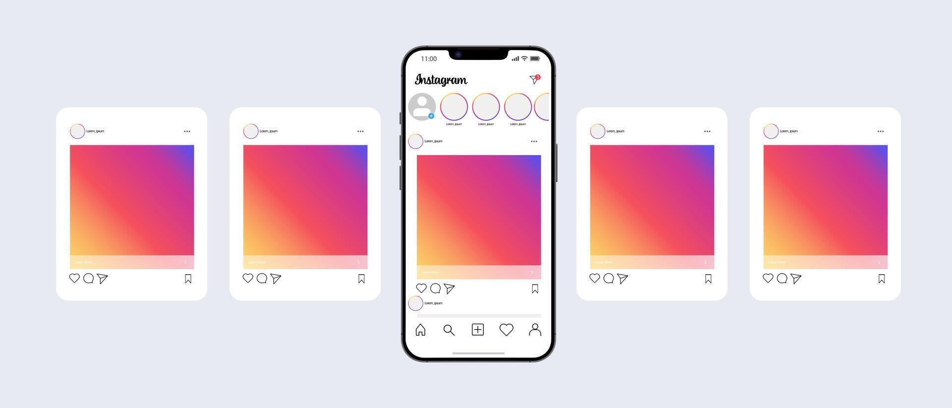 Instagram in iphone. Set screen social media and network interface template. Photo frame. Stories, liked, stream, feedback, personal profile, chat, Reels, feed, trending. Editorial vector