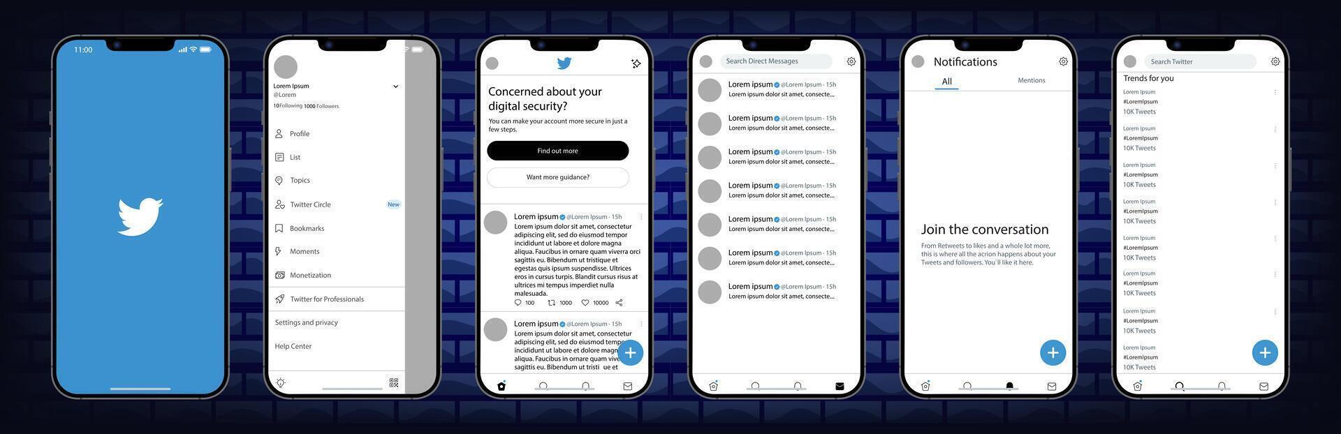 Twitter mobile interface. Twitter screen social media, social network interface template. Homepage, logo, bird. notofications, search, trends. Template of iphone 14. Gradient background. Editorial vector