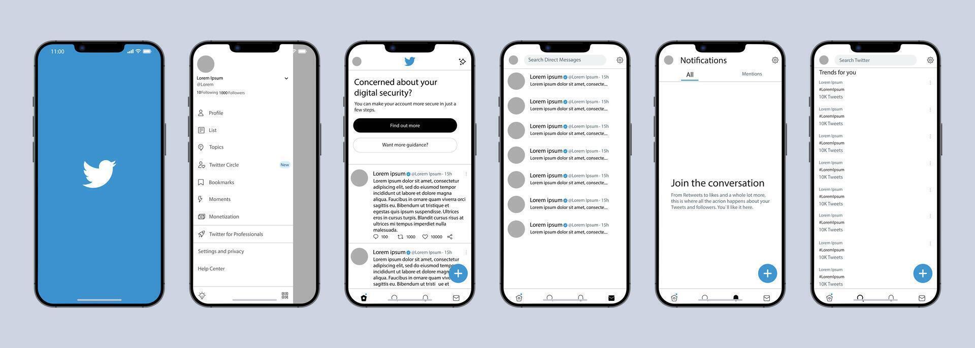 Twitter mobile interface. Twitter screen social media, social network interface template. Homepage, logo, bird. notofications, search, trends. Screenshots from iPhone 14. Editorial vector