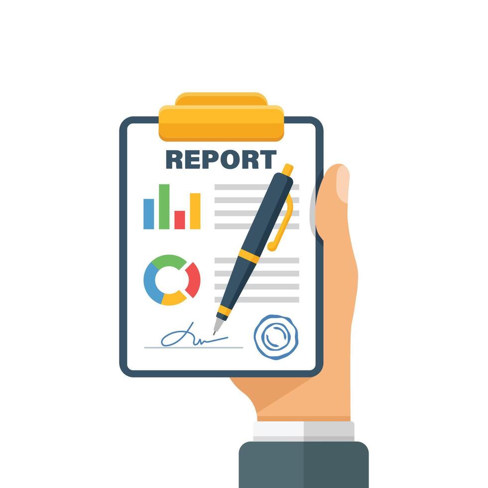 Report document in hand icon in flat style. Dashboard plan illustration on isolated background. Analysis sign business concept. vector