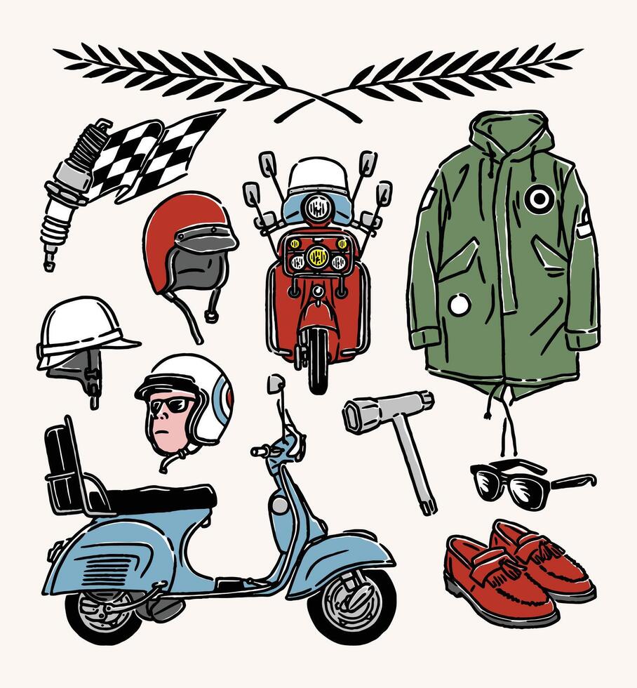 Detailed Retro Scooter Gear and Accessories Illustration Featuring Helmets Jackets Scooters and Tools for Riders vector