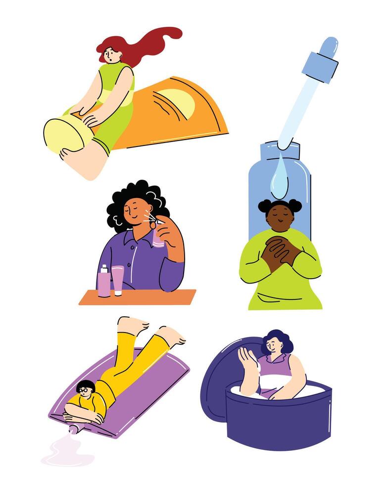 Playful Illustrations of Skincare Routine Featuring Diverse Characters and Beauty Products for Spa and Wellness Promotions vector
