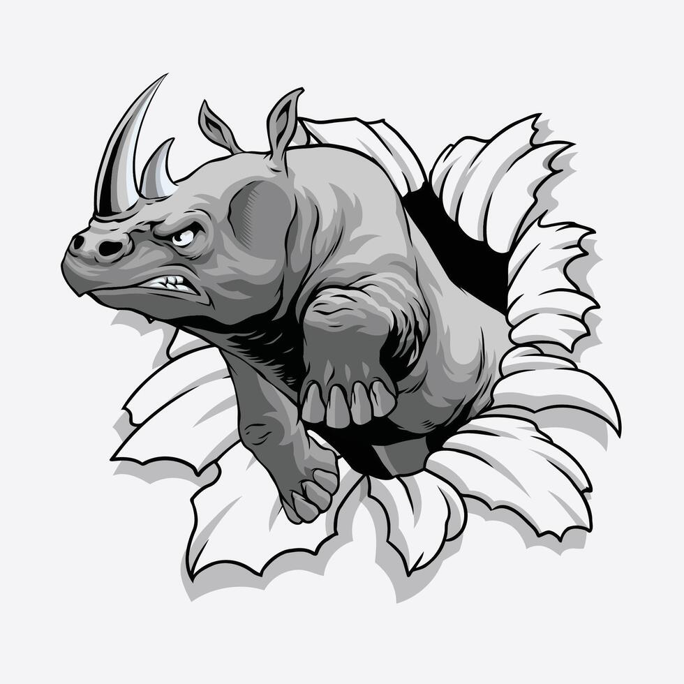 Vintage Illustration of Rhino Jumping out of Paper Hole vector