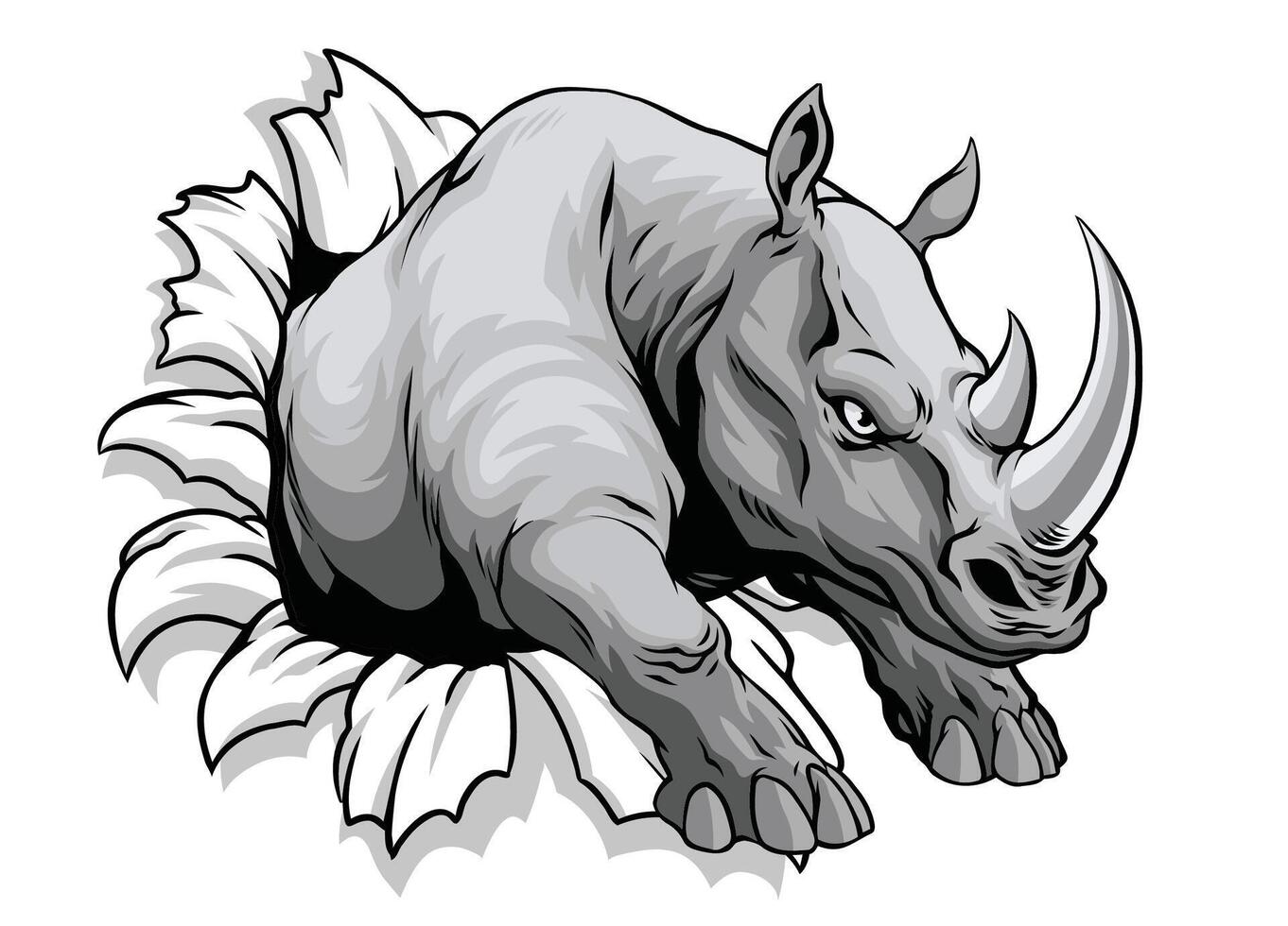Illustration of Rhino Coming out of Paper vector