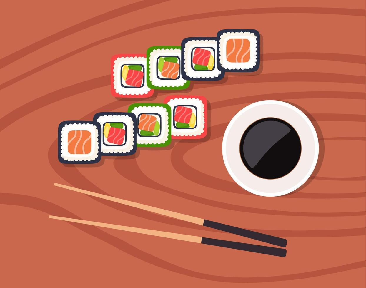 Sushi on wooden board with sushi chopsticks and soy sauce. Sushi illustration with trout fish, salmon and caviar. Sushi set. illustration. vector