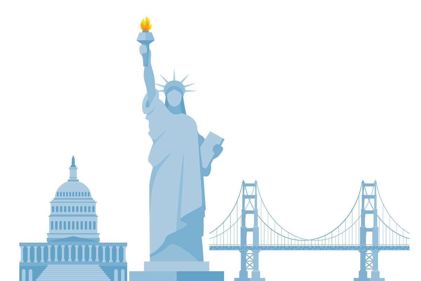 USA culture symbols. Liberty statue, capitol, golden gate bridge. American culture and history icons. . vector