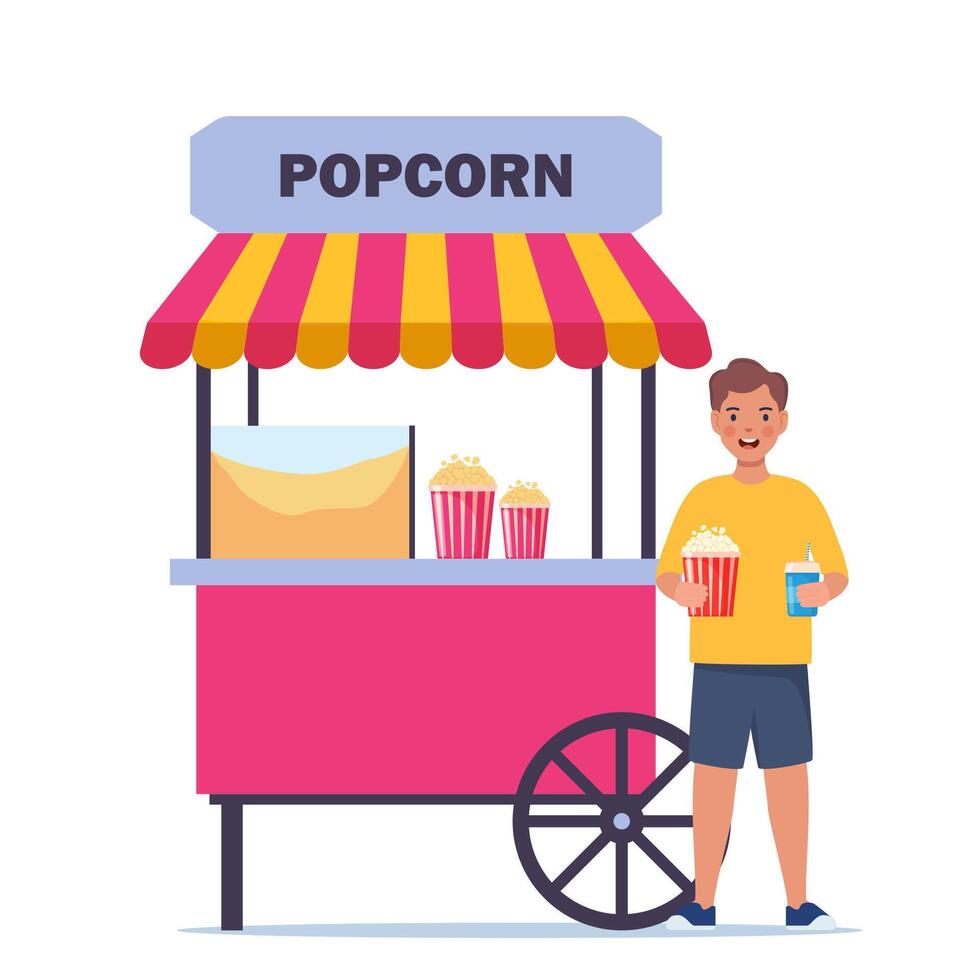 Traditional carnival commercial popcorn popper machine cart with tent. Happy kid buying popcorn in amusement park. . vector