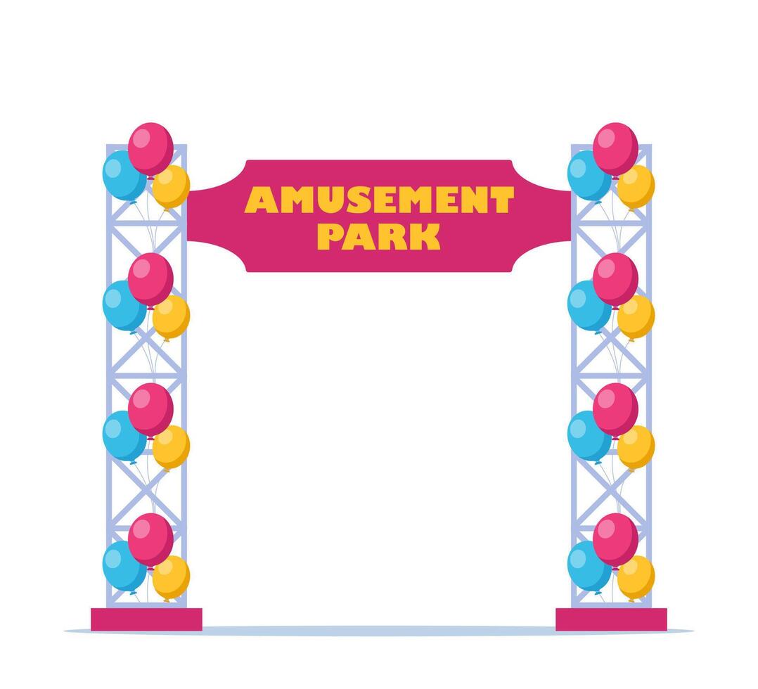 Amusement park entry gate with balloons. illustration in flat style. vector