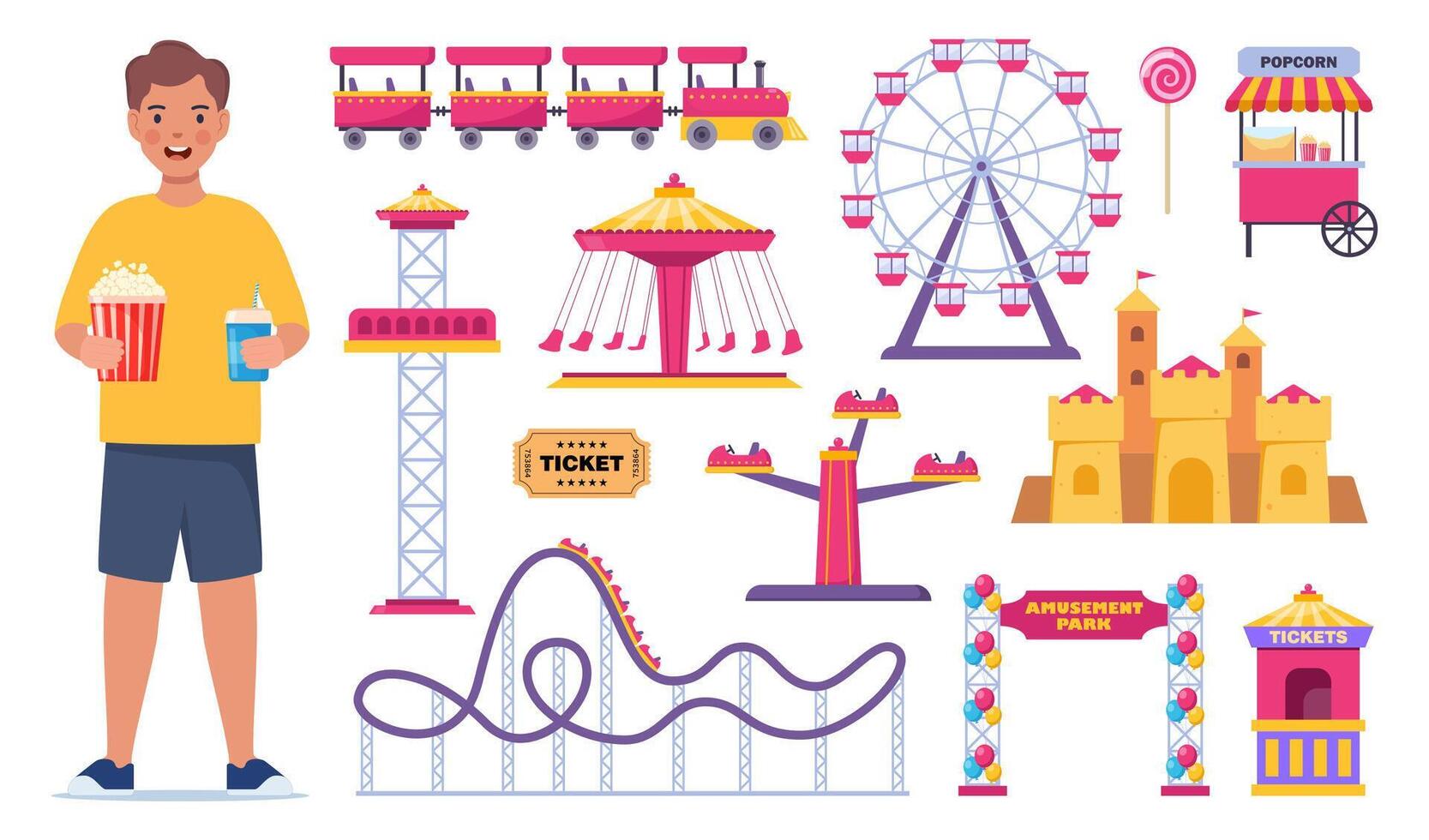 Amusement park icons. Kid, carnival circus tent, ferris wheel, roller coaster, carousel and popcorn booth, tickets box, balloon. Ice cream, soda, popcorn. . vector