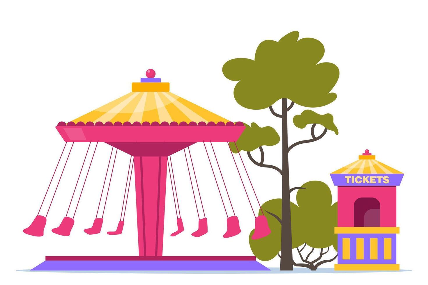 Wave swinger carousel ride with seats hanging on chains in amusement carnival park. Festive fair recreation entertainment attraction. illustration. vector