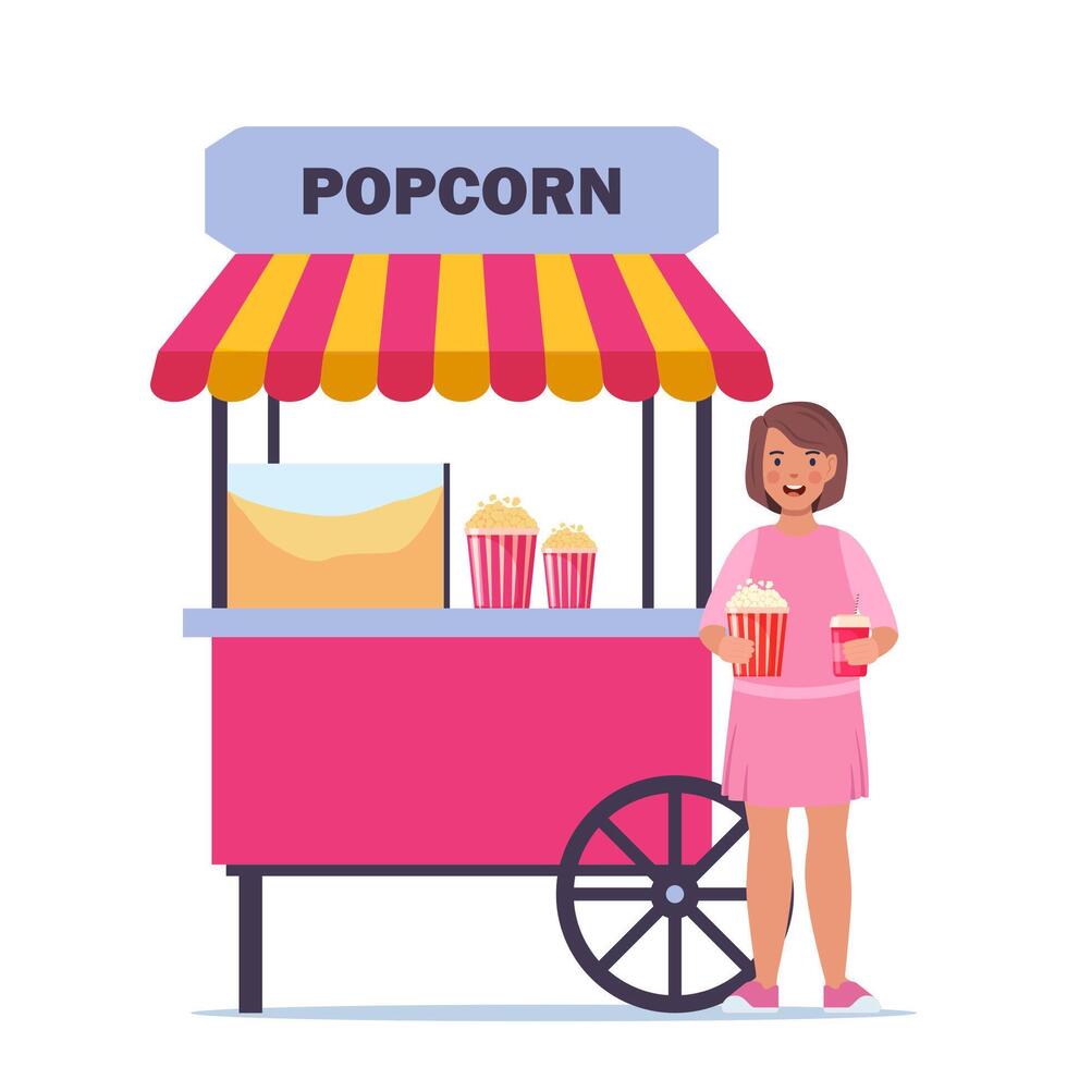 Traditional carnival commercial popcorn popper machine cart with tent. Happy kid buying popcorn in amusement park. . vector