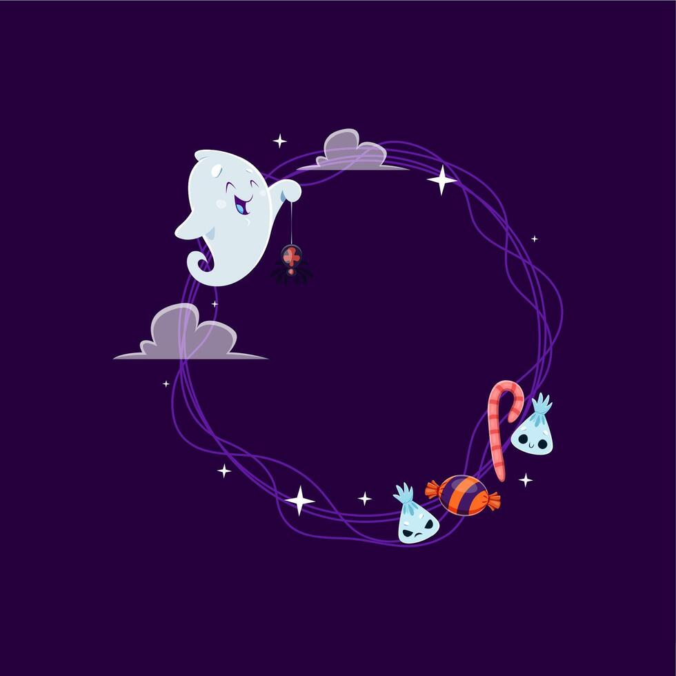 Halloween frame features an ghost, holding spider vector