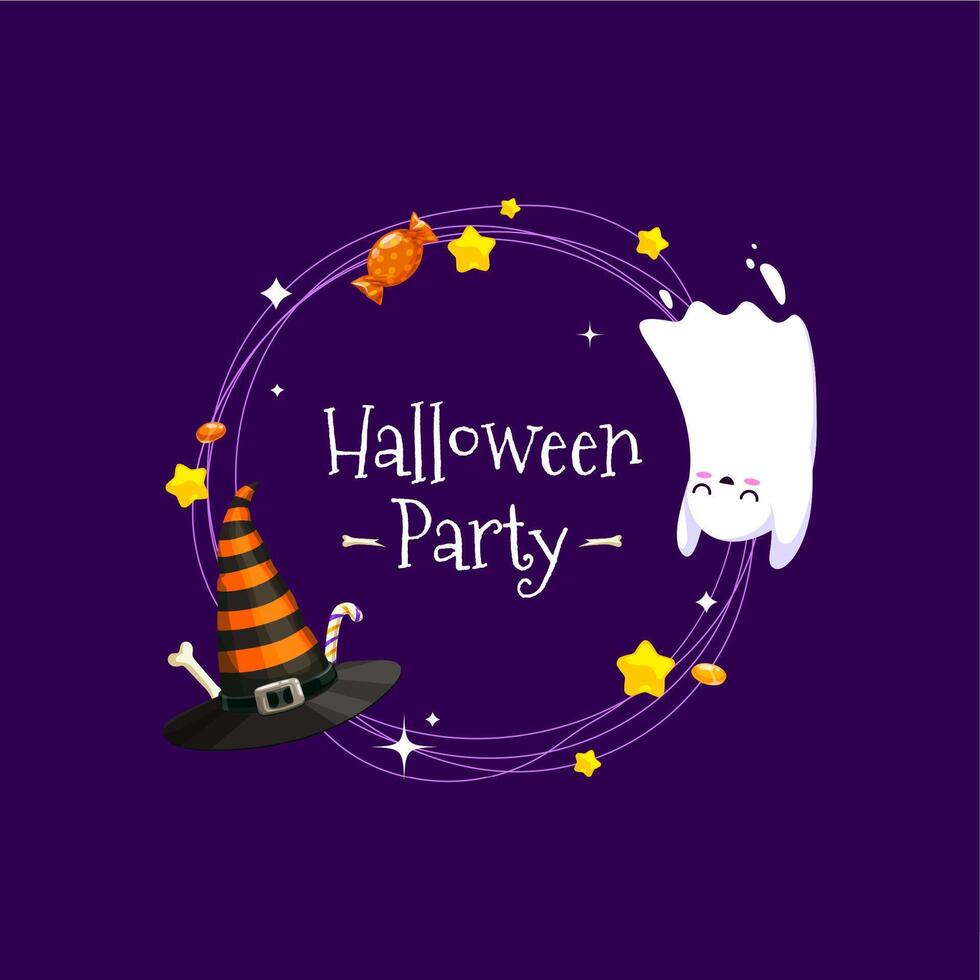 Halloween frame with kawaii ghost, holiday sweets vector