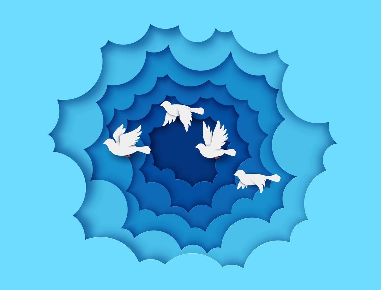 White pigeons or dove birds in paper cut sky vector