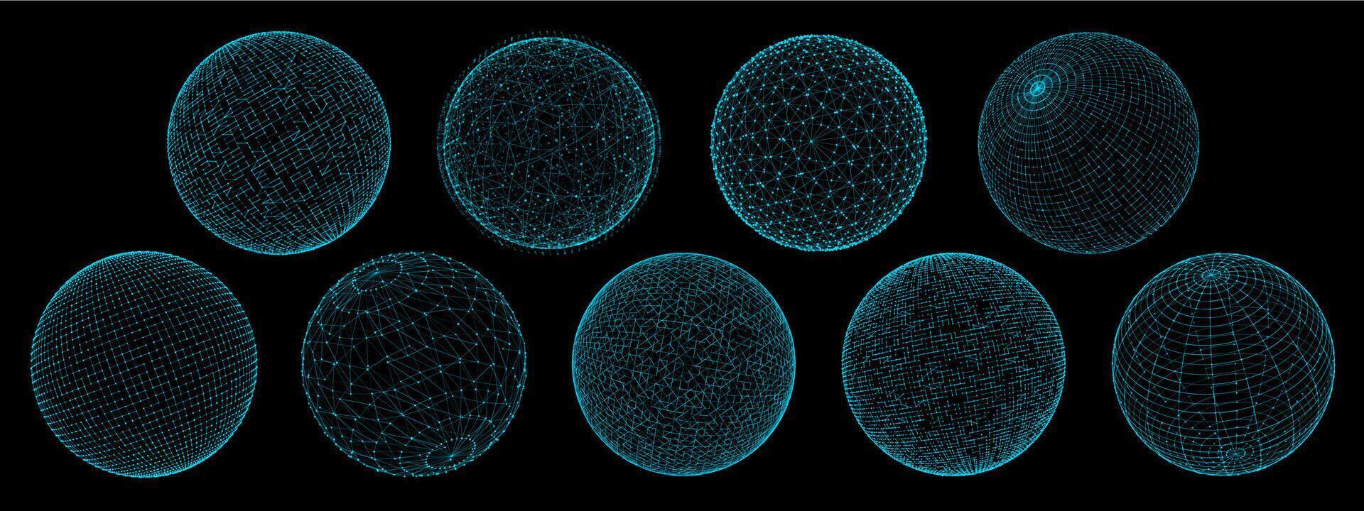 3d sphere globe, grid and wireframe, network balls vector