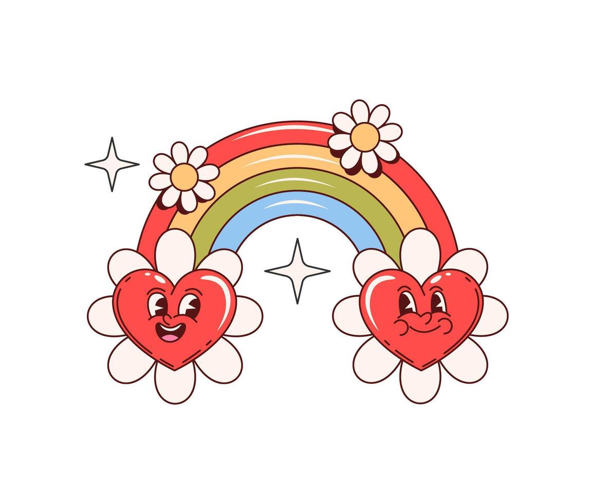 Retro y2k groovy love rainbow and heart characters vector