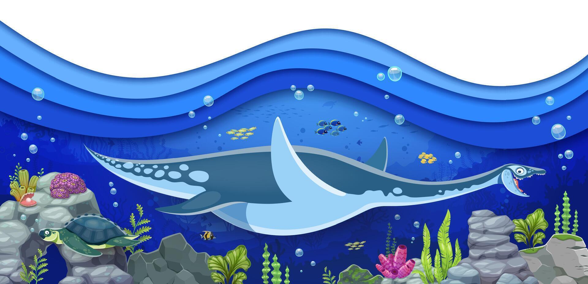 Underwater plesiosaurus dinosaur, paper cut ocean vector
