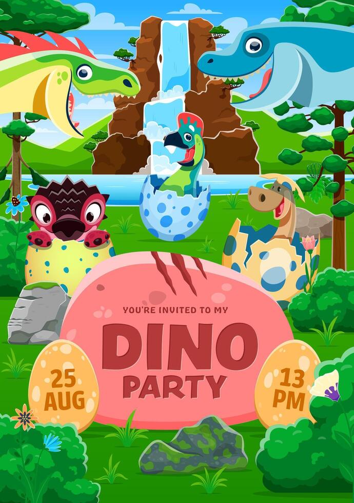 Kids party flyer with funny prehistoric dinosaurs vector