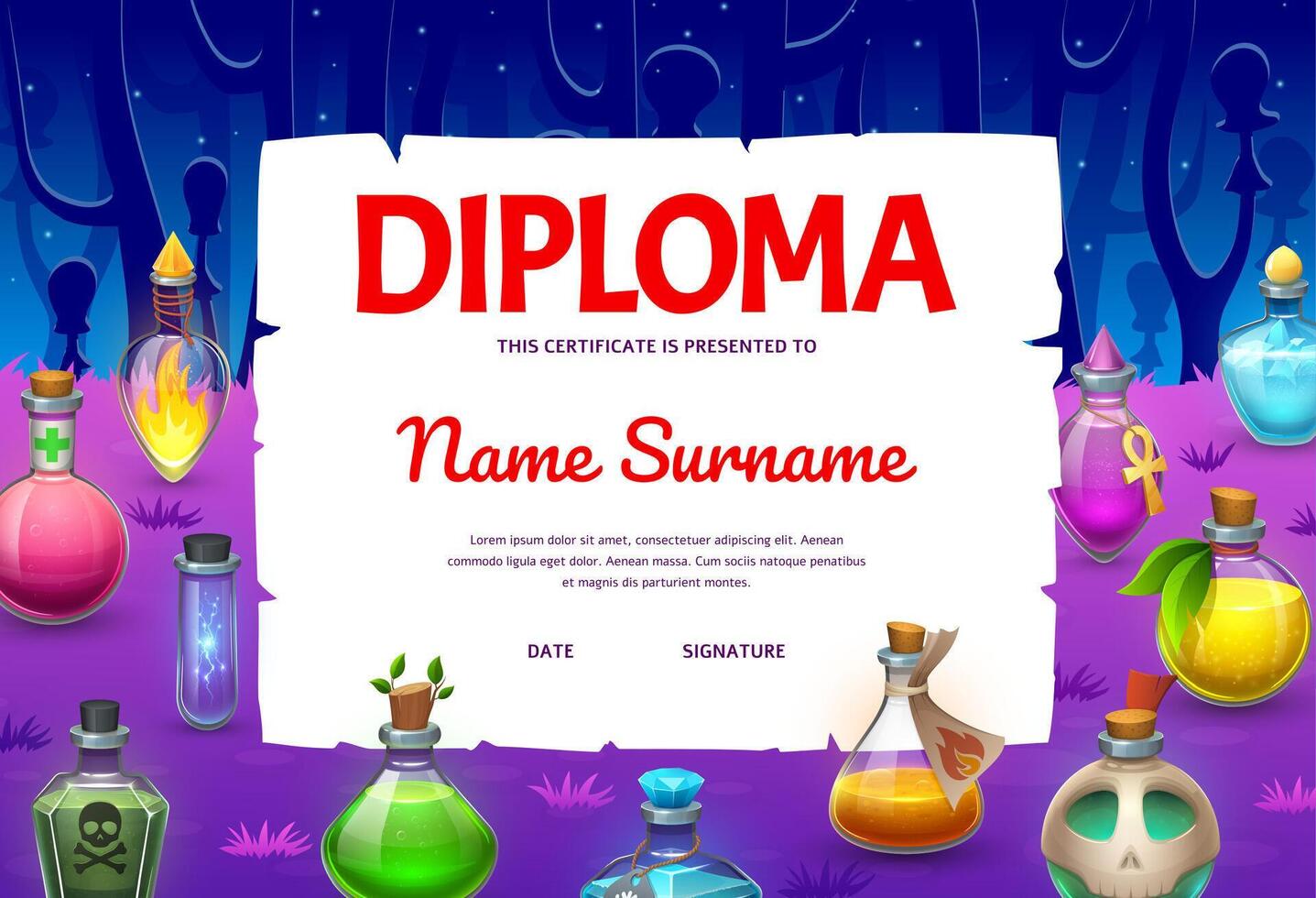 Kids diploma with Halloween magic potion bottles vector