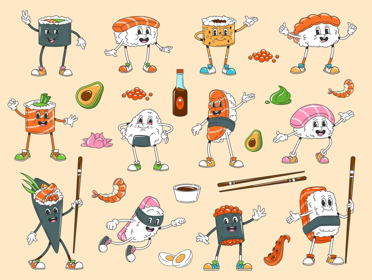 Cartoon retro groovy Japanese sushi characters vector