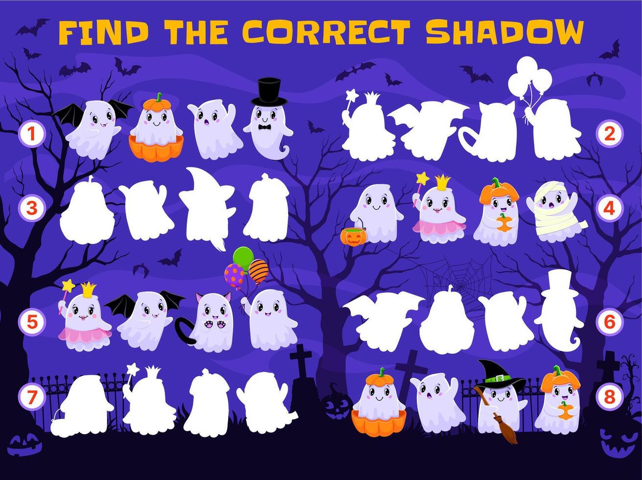 Find the correct shadow of Halloween kawaii ghosts vector