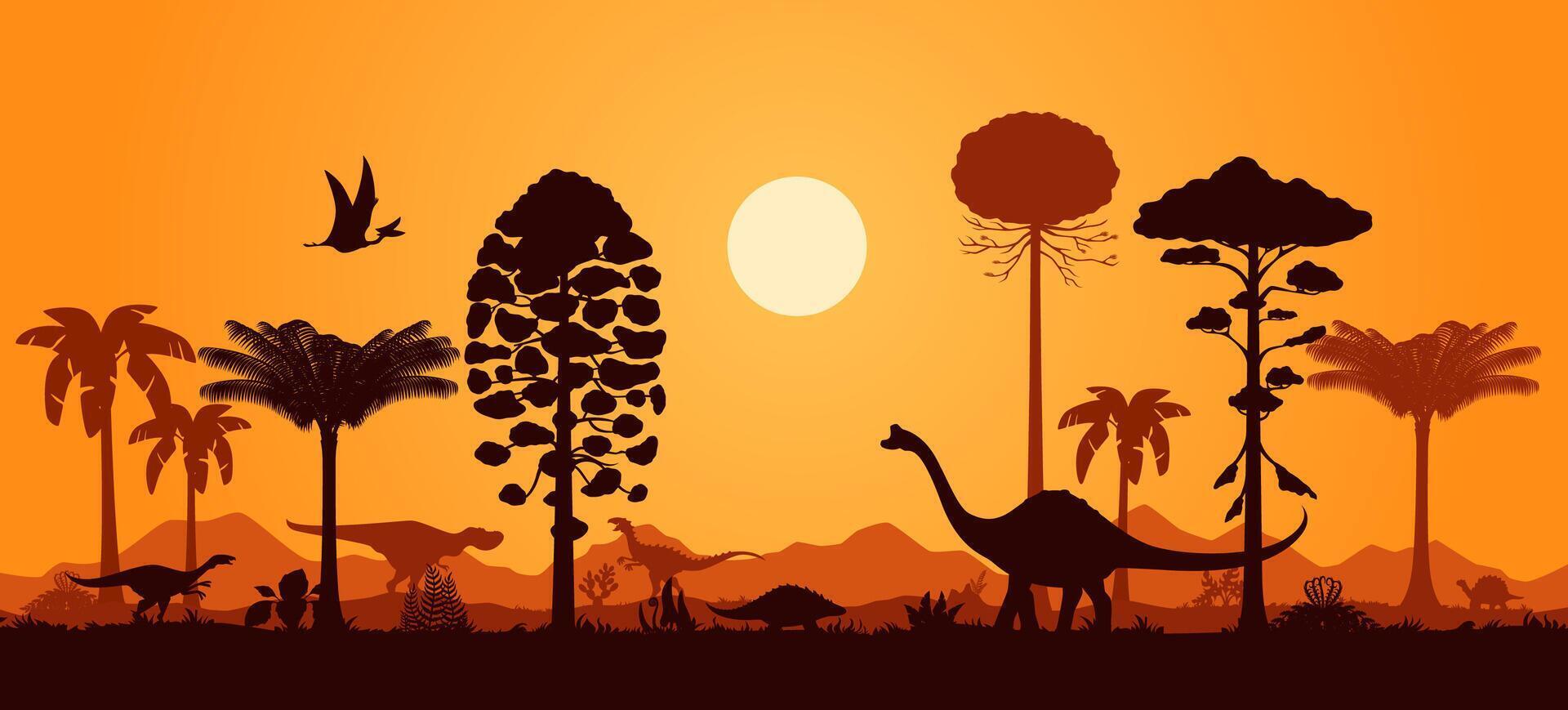 Prehistoric dinosaur silhouettes in sunset jungle vector