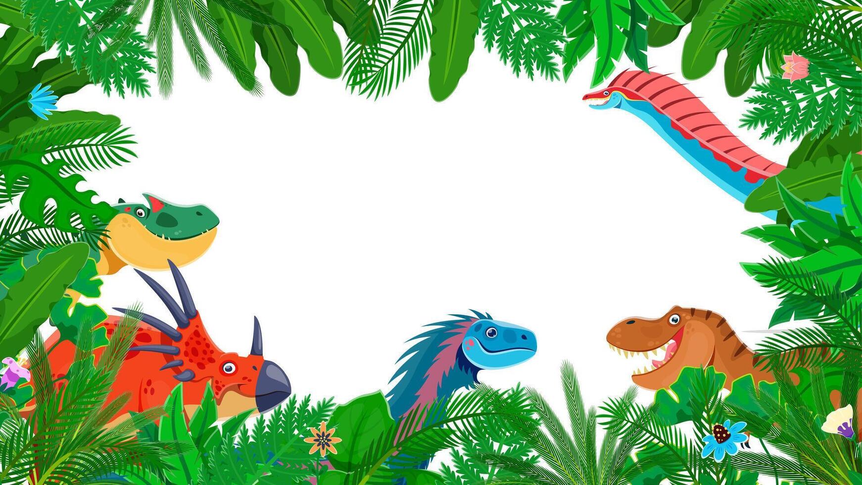 Prehistoric dinosaurs in jungle forest plant frame vector
